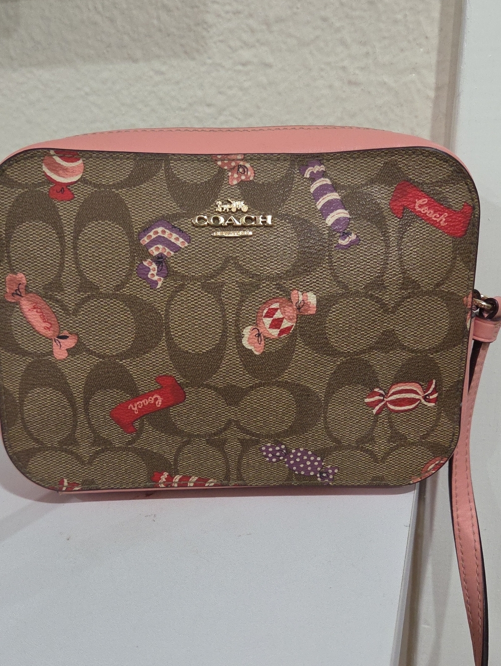 Coach Candy-Print Signature Canvas Crossbody with Pink Trim